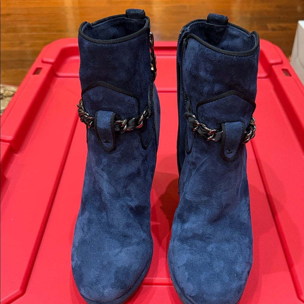 Karl Lagerfeld Blue Suede Ankle Boots with Chain Detail